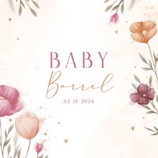 Uitnodiging babyborrel waterverf bloemen met koperen hartjes