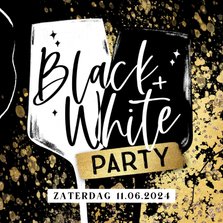 Uitnodiging Black&White party wijnglazen goudlook spetters