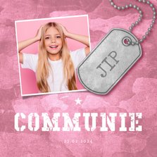 Uitnodiging communie roze stoer met foto en legerplaatje