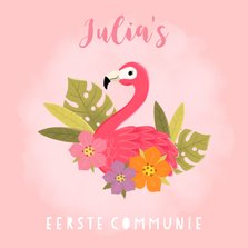 Uitnodiging eerste communie flamingo, blaadjes en bloemen