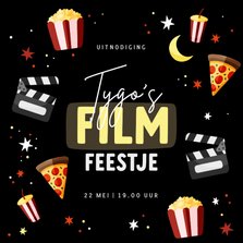 Uitnodiging filmfeestje popcorn pizza en sterren