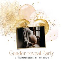 Uitnodiging gender reveal stijlvol ballonnen confetti goud
