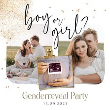 Uitnodiging gender reveal stijlvol fotokaart spetters goud