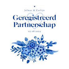 Uitnodiging geregistreerd partnerschap bloemen Delfts blauw