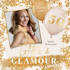 Uitnodiging glitter and glamour themafeestje ballonnen foto