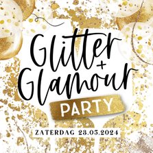 Uitnodiging 'Glitter&Glamour Party' goudlook wijn spetters