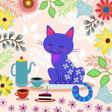 Uitnodiging High Tea met vrolijke kat en bloemen