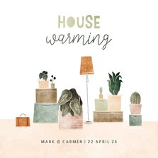 Uitnodiging housewarming met plantjes en verhuisdozen