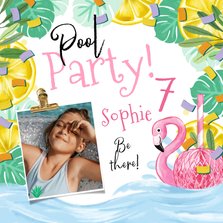 Uitnodiging kinderfeest ‘Pool Party’ tropisch flamingo