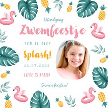 Uitnodiging kinderfeestje meisje zwemmen flamingo ananas