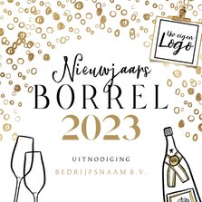 Uitnodiging nieuwjaarsborrel champagnefles bubbles logo