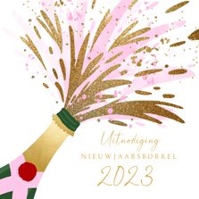 Uitnodiging nieuwjaarsborrel champagnefles hip
