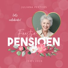 Uitnodiging pensioenfeest roze bloemen foto hart