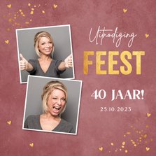 Uitnodiging verjaardag roze velvet-look foto goudlook