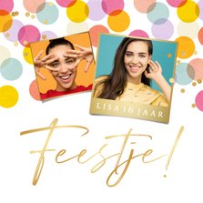 Uitnodiging verjaardagsfeest kleurrijke confetti foto's goud