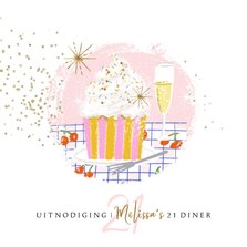 Uitnodigingskaart 21diner illustratie cupcake champagne