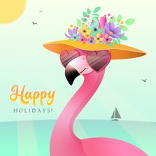 Vakantiekaart happy holidays humor tropisch roze flamingo