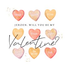 Valentijnskaart snoephartjes will you be my Valentine goud 