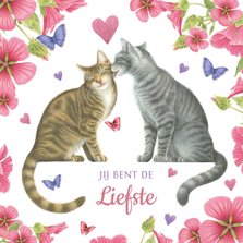 Valentijnskaart vol bloemen met 2 katten in de hoofdrol