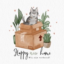 Verhuiskaart met kat in een verhuisdoos