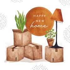 Verhuiskaart met verhuisdozen en spullen happy new home