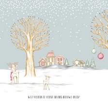 Verhuiskaart winterlandschap met huisjes en hertjes