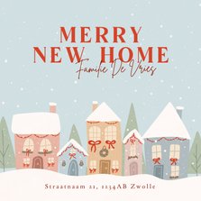 Verhuiskaartje voor kerst met huisjes in de sneeuw
