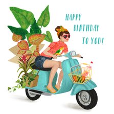 Verjaardagkaart, hip meisje op vintage scooter met plantjes