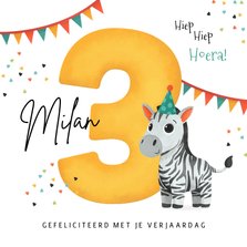 Verjaardagskaart 3 jaar zebra slingers confetti