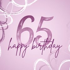 Verjaardagskaart 65 modern lila met abstracte vormen