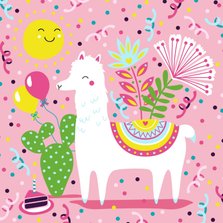 Verjaardagskaart alpaca ballonnen en slingers