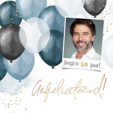 Verjaardagskaart ballonnen confetti blauw goud gefeliciteerd