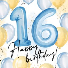 Verjaardagskaart blauwe cijferballon 16 happy birthday