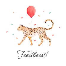 Verjaardagskaart confetti luipaard jungle ballon feestbeest