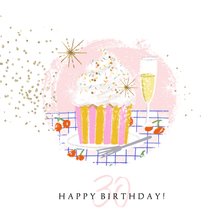 Verjaardagskaart cupcake champagne sterren goud