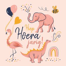 Verjaardagskaart dino flamingo olifant