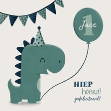 Verjaardagskaart dinosaurus met vlagjes en hoedje