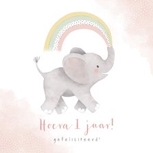 Verjaardagskaart eerste verjaardag met olifantje & regenboog