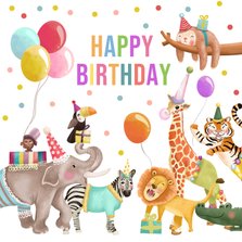Verjaardagskaart felicitatie met feestdieren en ballonnen
