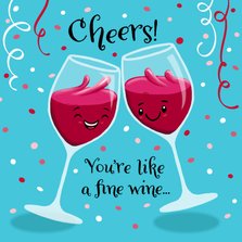 Verjaardagskaart glazen rode wijn die proosten met elkaar!