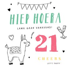 Verjaardagskaart hip lama feest slingers doodle hartjes