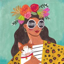 Verjaardagskaart hip vrouw met bloemen en zonnebril