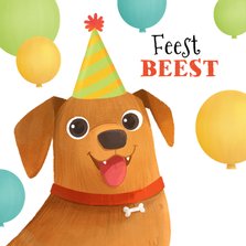 Verjaardagskaart hond ballonnen feestbeest feestje