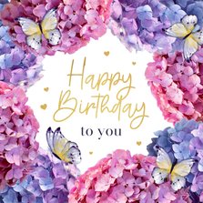 Verjaardagskaart hortensia bloemen vlinders happy birthday