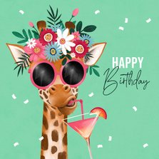 Verjaardagskaart humor giraf cocktail bloemen zomer