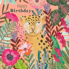 Verjaardagskaart jarig luipaard met bloemen
