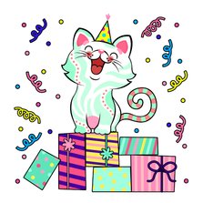Verjaardagskaart kat, cadeaus en slingers