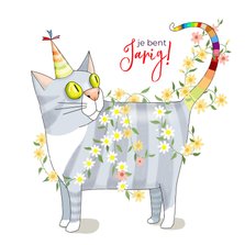 Verjaardagskaart kat met regenboogstaart en bloemetjes