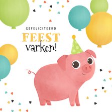 Verjaardagskaart kind feestvarken dieren boerderij ballonnen
