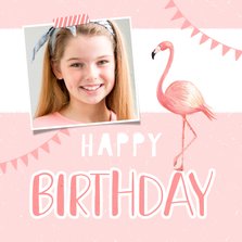 Verjaardagskaart meisje roze foto flamingo slingers